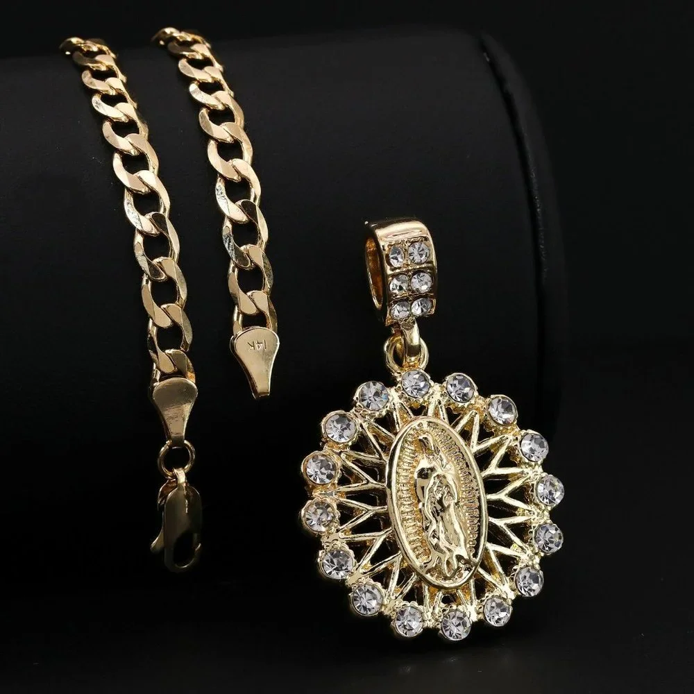 Set 14k Guadalupe Catholic 20" Cuban Necklace + Pendant - Picture 3 of 5